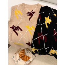 批发全羊毛复古提花虚线格纹撞色V领背心马甲毛衣26春<b class='q'>秋</b>新款叠穿坎肩
