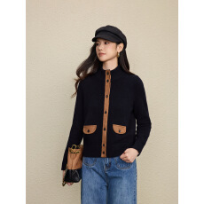 批发L*P纯羊毛率性老钱风撞色麂皮拼接立领针织开衫粗针厚款毛衣外套