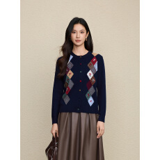 批发100%羊毛提花圆领针织开衫早秋新品撞色菱形格纹毛衣外套毛衫女