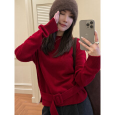 批发全羊毛夹花纱气质慵懒风宽松圆领套头针织衫修饰腰带2025冬季新品