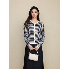 批发镂空撞色条纹简约羊毛针织开衫圆领长袖上衣26新春季薄款毛衣女