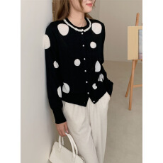 批发26早春羊毛混纺优雅波点<b class='q'>手工</b>钉珠圆领长袖薄款针织开衫上衣名媛风