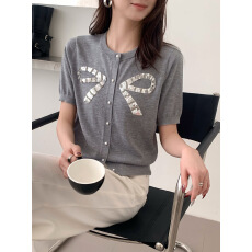批发蝴蝶结钉珠立体装饰羊毛圆领针织开衫26夏季新品夏季薄款小开衫女