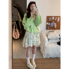 批发绿色碎花<b class='q'>连衣裙</b>子毛衣套装女秋冬季2026新款巨好看韩系穿搭一整套
