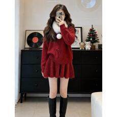 批发新年战袍红色毛衣连衣裙子女冬季2026新款韩系巨好看冬装一整套装