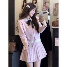 批发小个子香风粉色蕾丝针织毛衣连衣裙女<b class='q'>秋</b>冬季2026新款韩系绝美套装