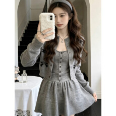 批发富家千金miu系穿搭灰色针织连衣裙女秋<b class='q'>冬</b>2026新款一整套短裙套装