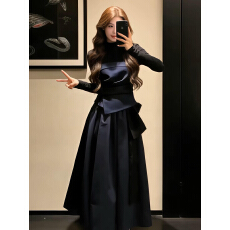 批发法式高级感蓝色连衣裙子女<b class='q'>秋</b>冬2026新款巨好看穿搭一整套长裙套装