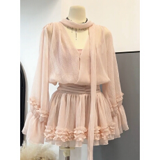 批发粉色雪纺连衣裙女海边丁达尔裙法式气质特别漂亮掐腰小裙子纯欲春