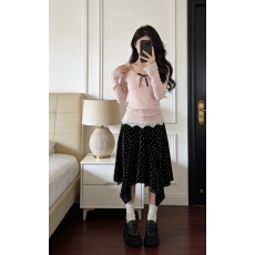 批发实价有货甜美风蝴蝶结针织上衣女<b class='q'>春秋</b>新款不规则波点半身裙套装