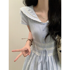 批发蓝色娃娃领<b class='q'>连衣裙</b>子女夏季2026年新款气质收腰显瘦长裙