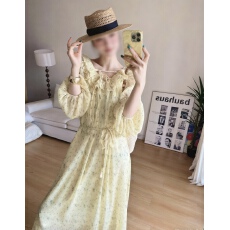 批发2026巨好看春季黄色荷叶边碎花<b class='q'>连衣裙</b>设计感气质显瘦