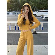 批发辣妹黄色拉链连帽<b class='q'>卫衣</b>外套抹胸背心<b class='q'>女</b>春季<b class='q'>套装</b>微喇叭休闲裤三件套