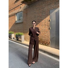 批发慵懒风藏青色翻领长袖衬衫女装春季宽松休闲裤长裤两件套