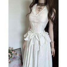 批发XZN新款温柔气质感蝴蝶结挂脖荷叶边<b class='q'>条纹</b>上衣+高腰长<b class='q'>裙</b><b class='q'>两件套装</b>