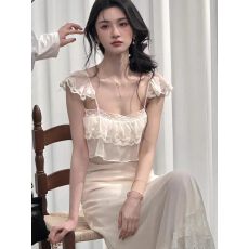 批发XZN新款法式初恋小飞袖白色<b class='q'>吊带</b>连衣裙子<b class='q'>女</b>夏季海边度假收腰长<b class='q'>裙</b>