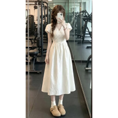 批发法式白色v领连衣裙女夏季2026<b class='q'>新款</b>小个子巨好看漂亮掐腰气质长裙