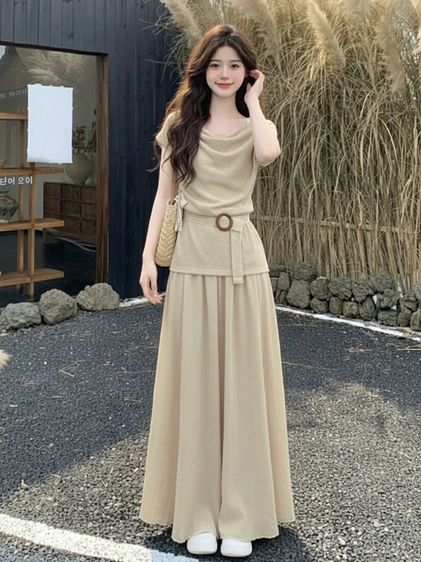 法式荡领连衣裙子女夏季2026新款巨好看气质一整套装ootd穿搭长裙