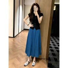 批发韩系穿搭一整套装连衣裙子女夏季2026新款polo领上衣蓝色半身长裙