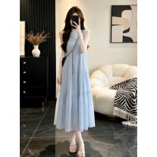 批发法式蓝色无袖连衣裙子女夏季2026新海边度假独特漂亮绝美背心长裙