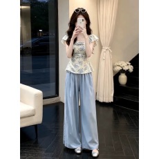 批发巨好看ootd穿搭一整套2026新款飞飞袖<b class='q'>碎花</b>上衣女装夏季阔腿<b class='q'>裤</b><b class='q'>套装</b>