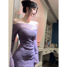 批发紫色<b class='q'>一字肩</b><b class='q'>连衣裙</b>子女秋冬2025年新款高级感修身显瘦法式气质长裙