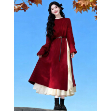 批发新年战袍2026新款气质针织<b class='q'>连衣裙</b>子长裙女秋冬季红色系高级感穿搭