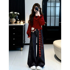 批发慵懒高级感新年穿搭荷叶边红色毛衣女款2026新款<b class='q'>秋</b>冬季内搭可外穿