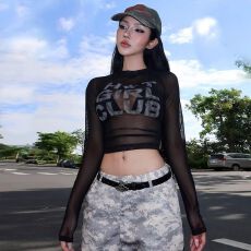 批发美式复古个性ins字母印花透视网纱长袖T恤女炸街显瘦修身辣妹上衣