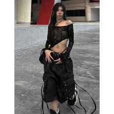 批发辣妹风<b class='q'>街头</b>girl透视龙纹印花不规则斜肩长袖T恤女秋百搭纯欲上衣