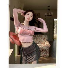 批发甜辣妹美式复古长袖T恤女装<b class='q'>夏季</b>防晒修身百搭打底上衣