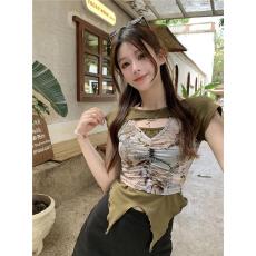 批发辣妹风印花挂脖背心夏季设计感小众短袖T恤