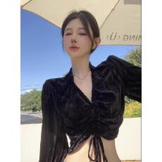 批发法式气质v领<b class='q'>长袖</b>衬衫女秋季黑色金丝绒衬衣修身短款抽绳绑带上衣