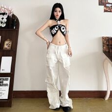 批发辣妹甜酷赛车挥旗手字母印花捆结夏季女挂脖抹胸吊带背心