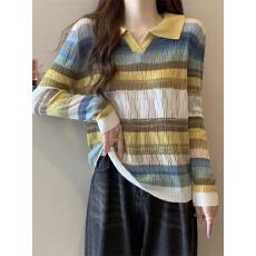 批发独特<b class='q'>超</b>好看Polo领条纹长袖针织T恤女早春2026新款<b class='q'>大码</b>打底衫上衣