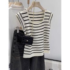 批发杏条纹针织<b class='q'>女装</b>夏季2026新款修身显瘦内搭打底无袖上衣T恤飞飞袖