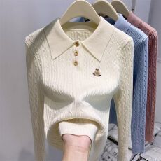 批发学院风polo领小熊刺绣长袖针织衫女2026<b class='q'>秋冬</b>新款修身毛衣内搭上衣