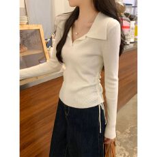 批发韩版纯色系polo领内搭毛针织衫女2026<b class='q'>秋冬</b>抽绳褶皱设计感百搭上衣