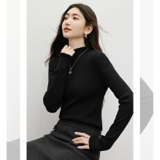 批发<b class='q'>韩版</b>黑色修身针织衫2026冬季新款女装木耳边拼接半高领气质毛衣