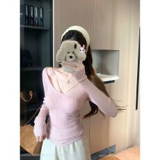 批发甜美坑条纹修身紧显瘦<b class='q'>长袖</b>打底针织衫女秋冬季u领纯欲韩系上衣粉