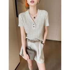 批发学院风杏色polo领短袖针织t恤女2026年夏新款老钱风<b class='q'>休闲</b>修身上衣