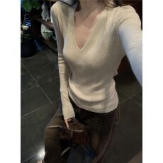 批发纯欲V领<b class='q'>长袖</b>正肩显瘦针织衫女秋冬气质紧身内搭打底毛衣叠穿上衣