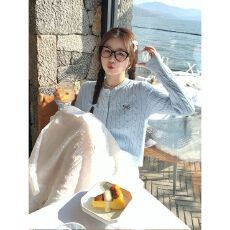 批发蓝色开衫毛衣外套女2026新款蝴蝶结刺绣麻花针织早春上衣韩系穿搭