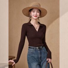 批发咖啡色长袖修身针织衫早秋装女款2026新款POLO领知性学术风肌理感