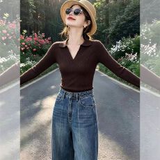批发咖啡色POLO领针织衫早秋装女款2026新款长袖轻奢高级感设计感上衣