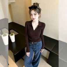批发咖啡色POLO领长袖针织衫早秋装女款2026新款设计感轻奢高级感上衣