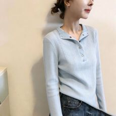 批发蓝色半开领长袖T恤<b class='q'>女</b>早秋季设计感修身显瘦温柔纯欲外穿打底上衣