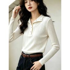 批发2026春秋新款半开领针织长袖T恤女复古老钱风百搭通勤打底衫上衣