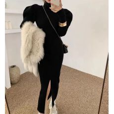 批发法式复古高领中长款针织打底<b class='q'>连衣裙</b>女秋冬性感名媛气质开衩包臀裙