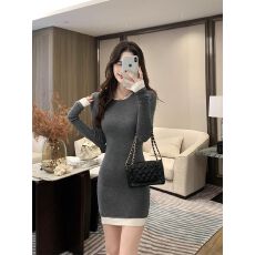批发撞色拼接针织连衣裙女秋冬修身性感毛衣包臀裙内搭紧身打底短裙子